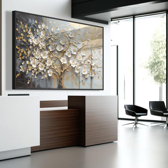 Quadro decorativo árvore da vida flores brancas