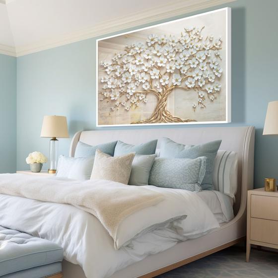 Quadro decorativo árvore da vida flores brancas