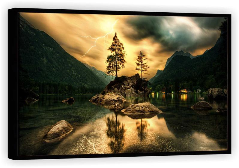 Imagem de Quadro Decorativo Árvore Pedras Raio Lago Sol Paisagem Natureza Salas Tela Canvas Premium GG