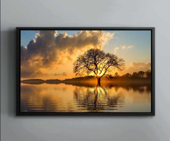 Imagem de Quadro Decorativo Árvore Sol Lago Nuvens Paisagem Natureza Salas Tela Canvas Premium GG