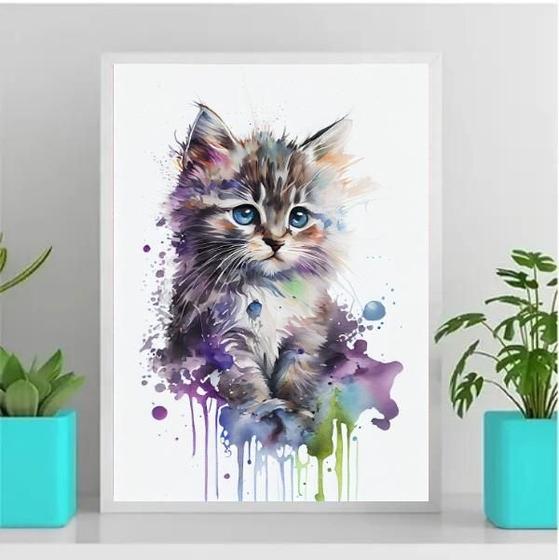 Imagem de Quadro Decorativo Baby Cat Aquarela 24x18cm - Com Vidro