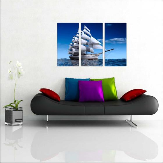 Imagem de Quadro Decorativo Barco Navio Salas Decorações 3 peças Com Moldura