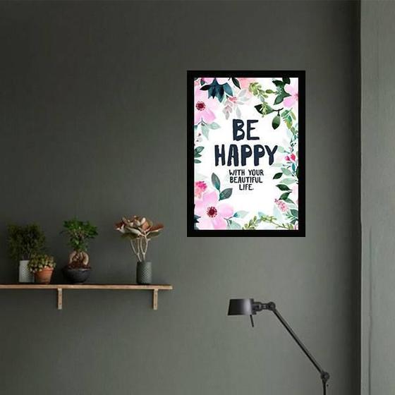 Imagem de Quadro Decorativo Be Happy 34X23Cm - Moldura Branca