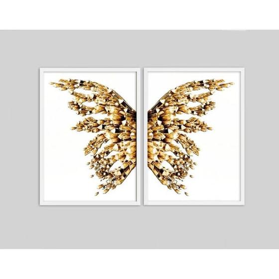 Imagem de Quadro Decorativo Borboleta Dourada Asas Gold Para Quarto Sala Kit 2 peças Grande ou Pequeno