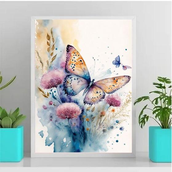 Imagem de Quadro Decorativo Borboleta Floral Aquarela 33x24cm - com vidro