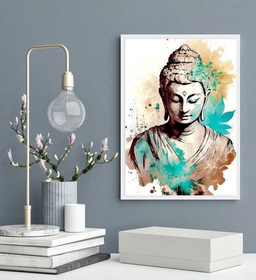 Imagem de Quadro Decorativo Buda Aquarela Turquesa 33X24Cm - Com Vidro