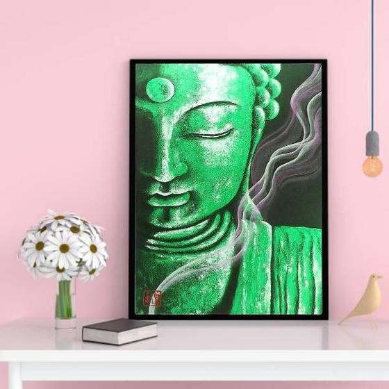 Imagem de Quadro Decorativo Buda Verde 45X34Cm - Madeira Preta