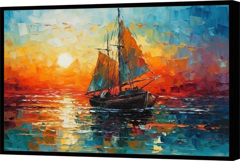 Imagem de Quadro Decorativo Canvas Moldura Filete Natureza Barco Oceano Caravela