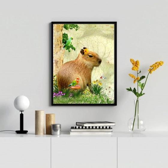 Imagem de Quadro Decorativo Capivara Com Passarinhos 24x18cm - com vidro