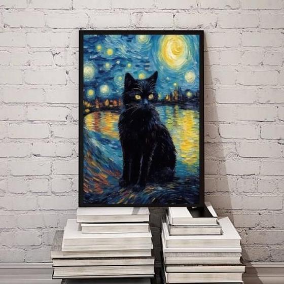 Imagem de Quadro Decorativo Cat Night Starry Art 24X18Cm - Com Vidro