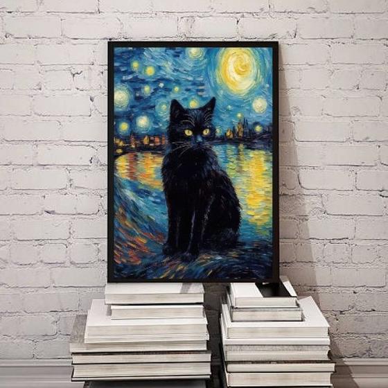 Imagem de Quadro Decorativo Cat Night Starry Art 33x24cm - com vidro