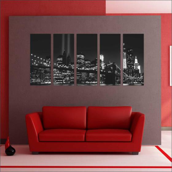 Quadro Decorativo Cidades Nova Iorque Ponte Prédios Mosaico 5 Peças GG6 Menor preço em Quadro Decorativo Cidades Nova Iorque Ponte Prédios Mosaico 5 Peças GG6