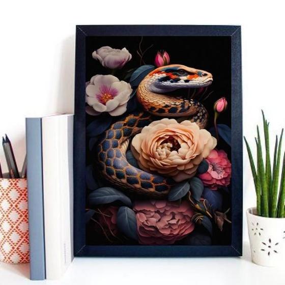 Imagem de Quadro Decorativo Cobra Com Flores 33X24Cm - Com Vidro