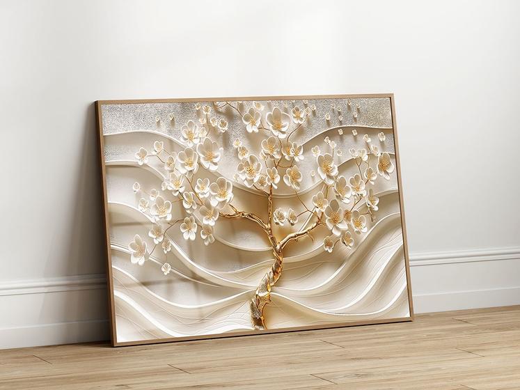 Quadro Decorativo com Moldura Acrilico Cristal Luxo Vidro Arvore 3D Areia Flores para Sala de Estar, Quarto e Escritório, Hall Horizontal