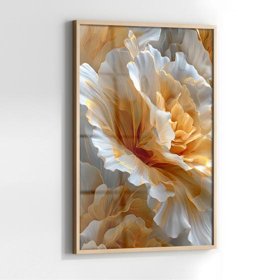 Quadro Decorativo com Moldura e Acrilico Cristal semelhante Vidro Flor Dourada e Branca  para Sala de estar, Quarto, Hall e Escritório