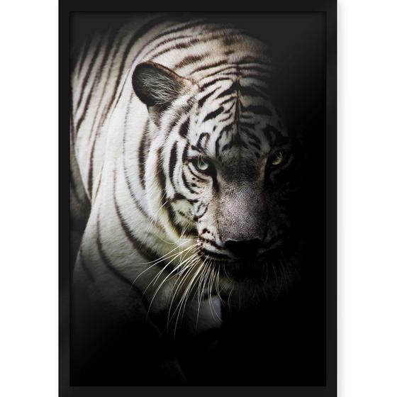 Imagem de Quadro Decorativo com Moldura e Impressão em Vidro Animais Tigre Branco Fundo Preto