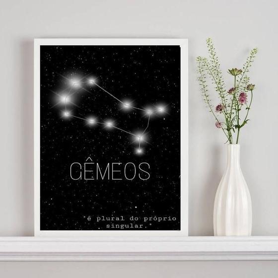 Imagem de Quadro Decorativo Constelação Signo Gêmeos 24x18cm - Vidro e Moldura Branca