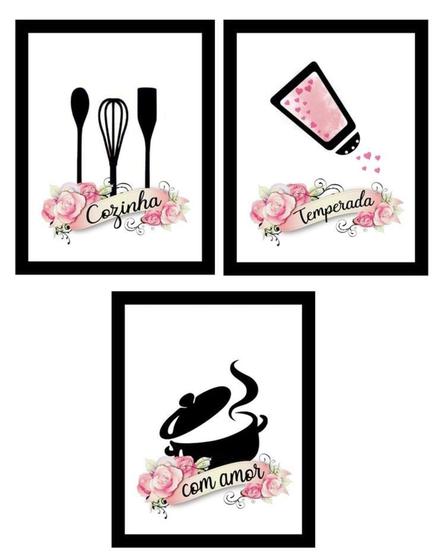 Imagem de Quadro Decorativo Cozinha Temperada com Amor Kit 3 peças Mosaico