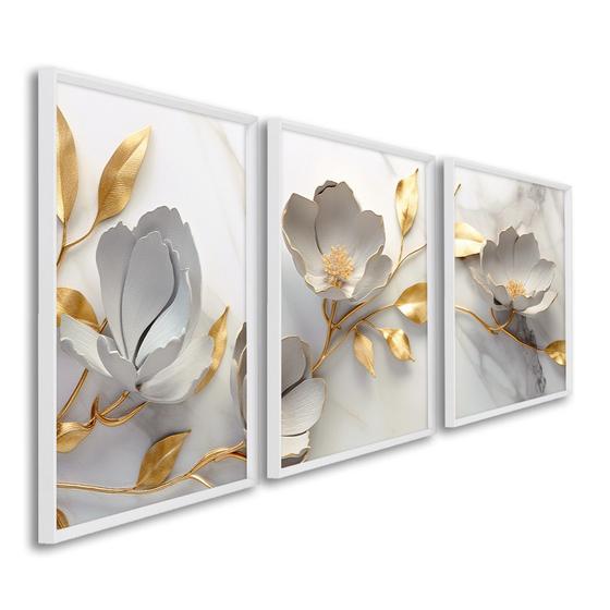 Imagem de Quadro Decorativo Delicado Abstrato Floral Branco e Dourado com 3 Telas de Parede para Sala Quarto Escritório