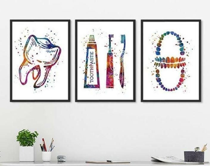 Imagem de Quadro Decorativo Dentista Dente Pasta Dental Kit 3 peças Decoração Mosaico