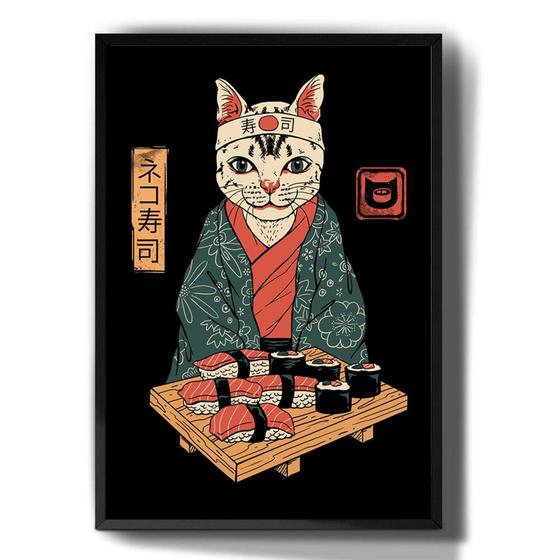 Imagem de Quadro Decorativo Desenho Gato Sushi Arte Japonesa