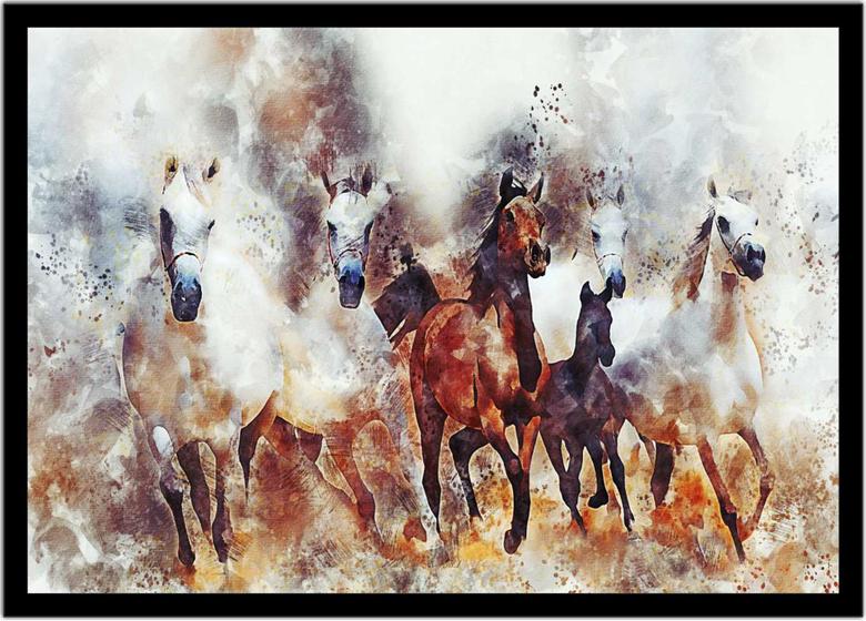 Imagem de Quadro Decorativo Design Ilustração Cavalos Abstrato Com Moldura RC004