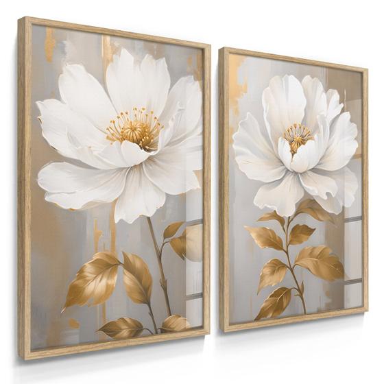 Quadro Decorativo Dupla Flor Anêmona Dourada Sala Grande Escritório Luxo 70x50 com Vidro