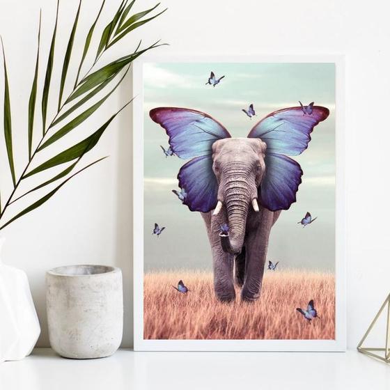 Imagem de Quadro Decorativo Elefante Borboleta Azul 24x18cm - com vidro