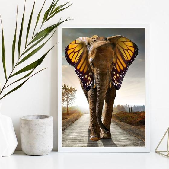 Imagem de Quadro Decorativo Elefante Com Orelha Asas Borboleta 33x24cm