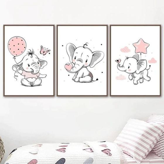 Imagem de Quadro Decorativo Elefante Rosa Quarto Bebê Menina Delicado Kit 3 peça Decoração Mosaico