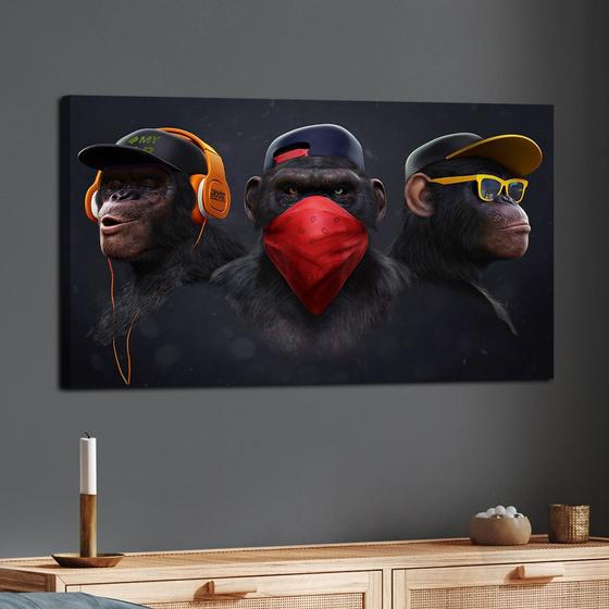 Imagem de Quadro Decorativo em Tela Gangue dos Macacos de Boné 60x40cm para Sala Recepção Escritório Quarto