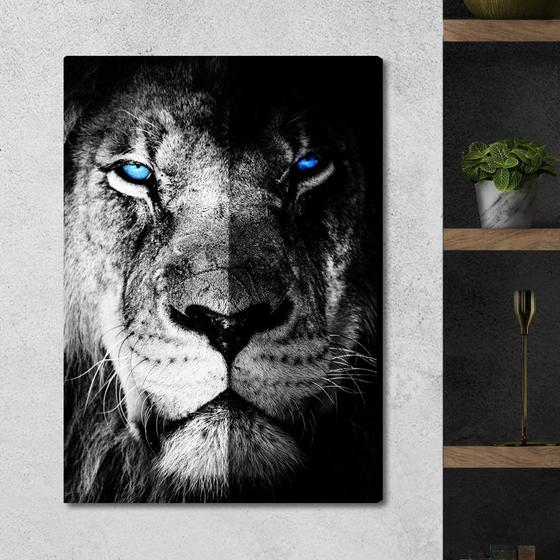 Imagem de Quadro Decorativo em Tela Rosto do Leão Preto e Branco 100x60cm para Sala Recepção Escritório Quarto