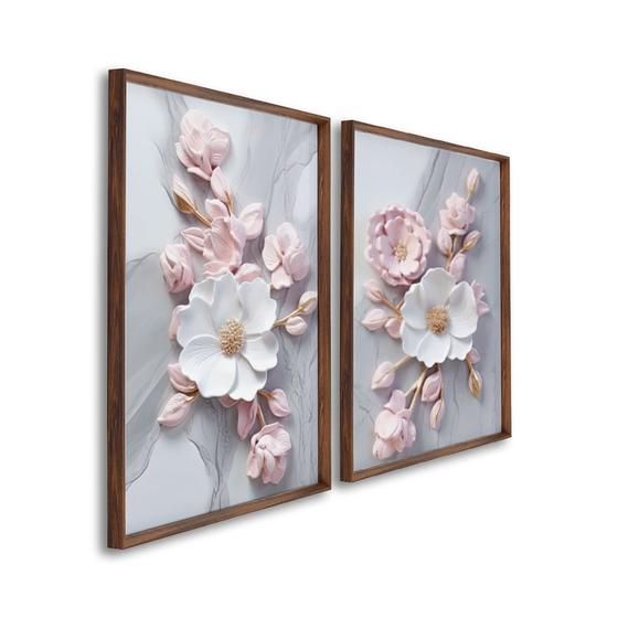 Imagem de Quadro Decorativo Floral Artístico Flor de Porcelana com 2 Telas de Parede para Sala Quarto Escritório