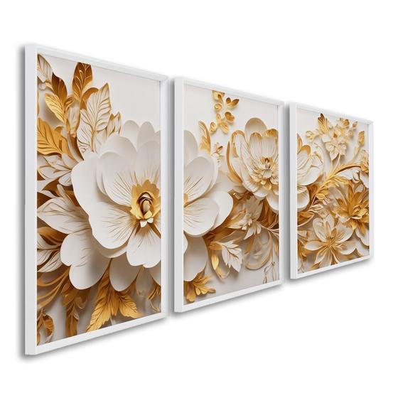 Imagem de Quadro Decorativo Floral Delicado Flores Brancas e Amarelas com 3 Telas 50x75 e 60x90 de Parede para Sala Quarto Escritório