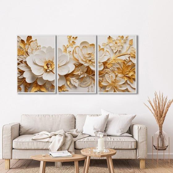 Imagem de Quadro Decorativo Floral Delicado Flores Brancas e Amarelas com 3 Telas de Parede para Sala Quarto e Branco