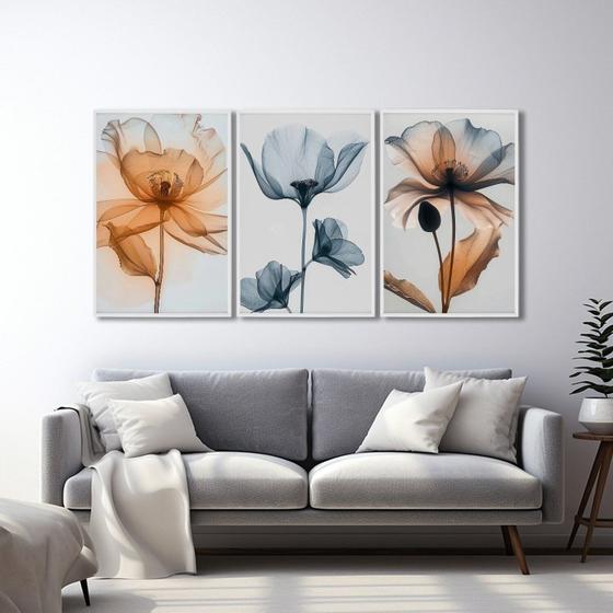Imagem de Quadro Decorativo Floral Flores com Caule com 3 Telas de Parede para Sala Quarto Escritório 60cm X 9 Sem Vidro