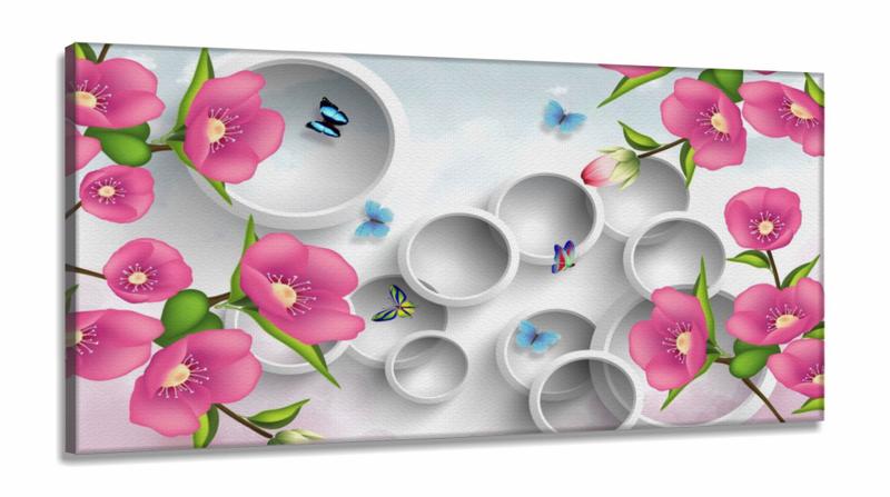 Imagem de Quadro Decorativo Flores Borboletas Rosa Estilo 3d em Tecido canvas 130x60