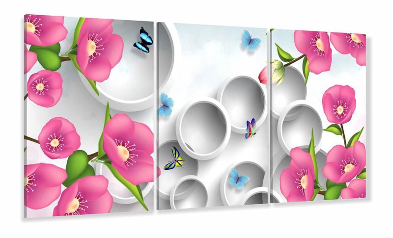 Imagem de Quadro Decorativo Flores Borboletas Rosa Estilo 3d