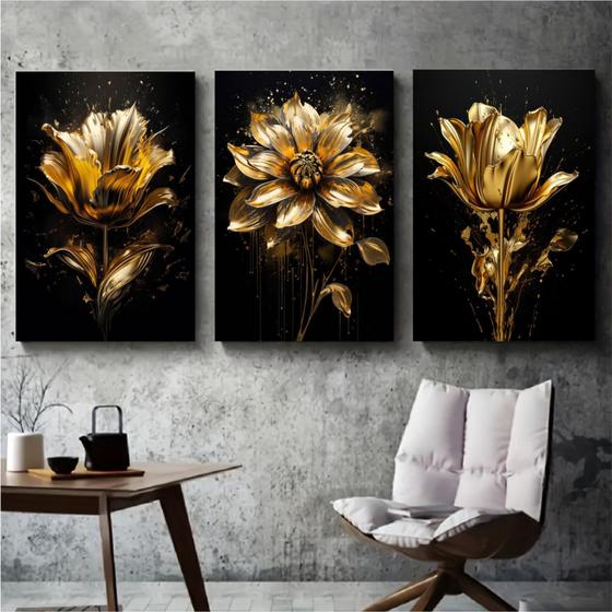 Imagem de Quadro Decorativo Flores Dourada Fundo Preto Kit 3 Peças