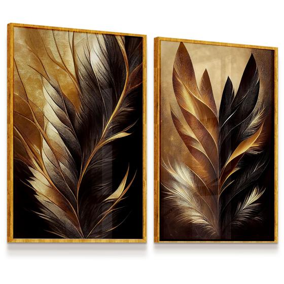 Imagem de Quadro Decorativo Folhagens Penas Marrom Gold 53x73 Moldura Dourada