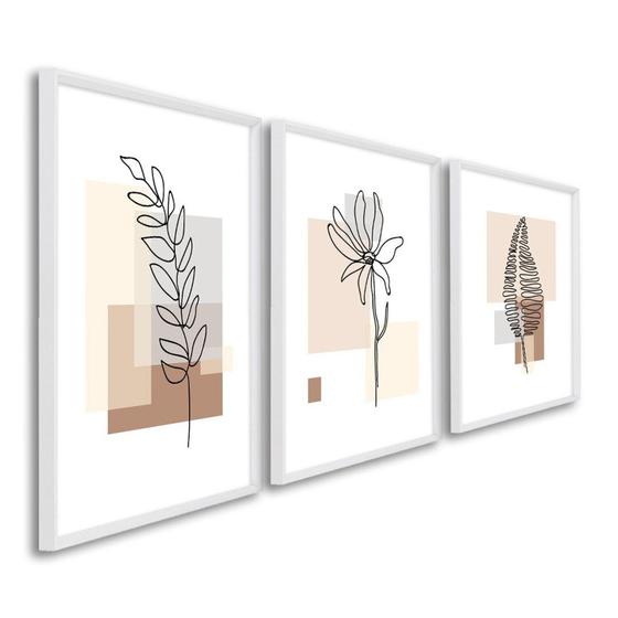 Imagem de Quadro Decorativo Folhas Abstratas com 3 Telas para Escritório Hall Quarto 60cm X 90cm Branco