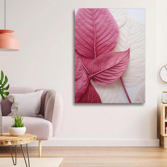 Imagem de Quadro Decorativo Folhas Elegante Rosas 60x90 Tela Madeira e Tecido Canvas 