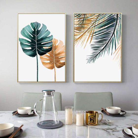 Imagem de Quadro decorativo folhas flores árvore de coníferas tropicais e folhas de palmeira