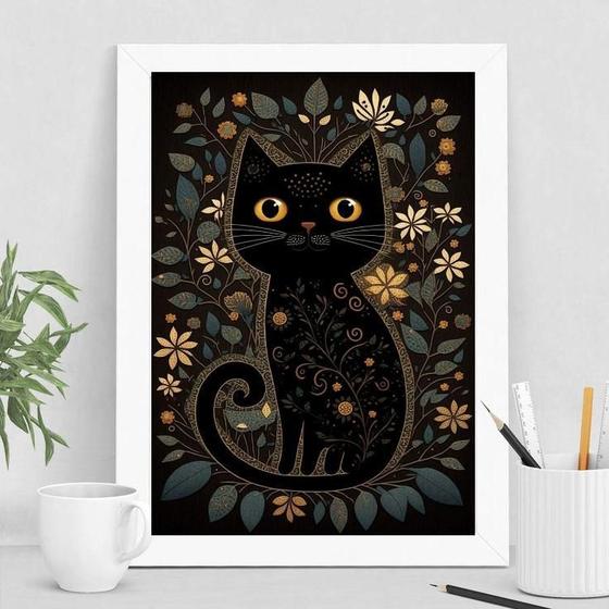 Imagem de Quadro Decorativo Folk Arte Gato Preto 45x34cm - Com Vidro