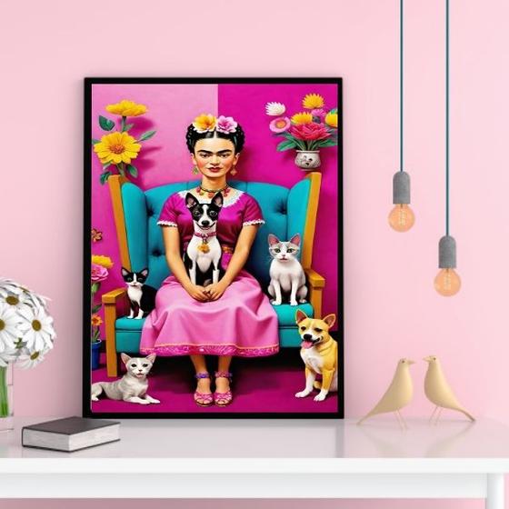 Imagem de Quadro Decorativo Frida Com Cães e Gatos 24x18cm - com vidro