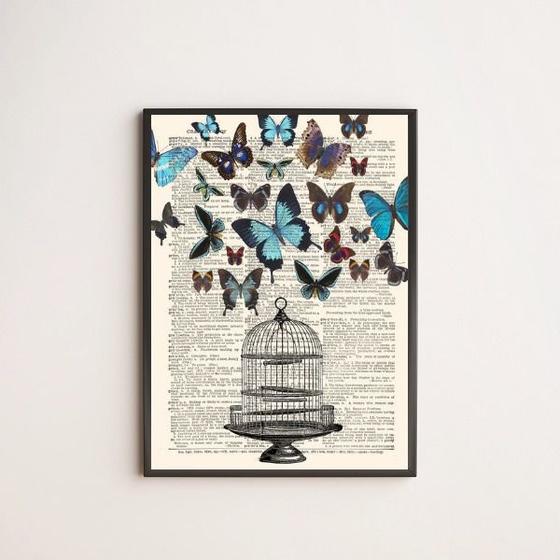 Imagem de Quadro Decorativo Gaiola Com Borboletas 45x34cm - com vidro