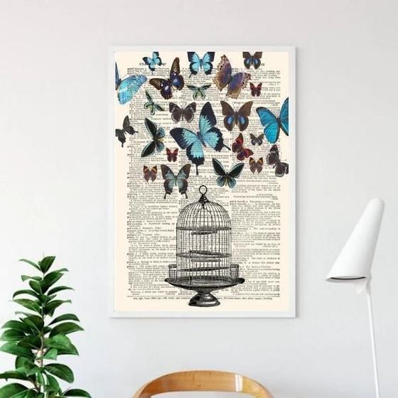 Imagem de Quadro Decorativo Gaiola Com Borboletas Com Vidro 24X18Cm