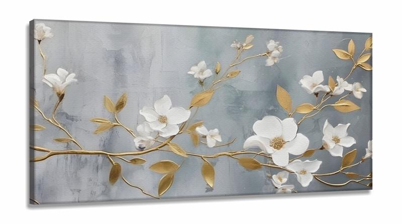 Imagem de Quadro Decorativo Galhos Flores Brancas em Tecido Canvas 130x60 cm