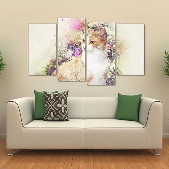 Imagem de Quadro Decorativo Gato Artístico Quarto Em Tecido 4 Peças 1R