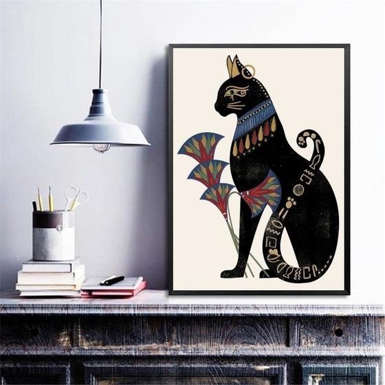 Imagem de Quadro Decorativo Gato Bastet Com Flor De Lotus 33x24cm - com vidro